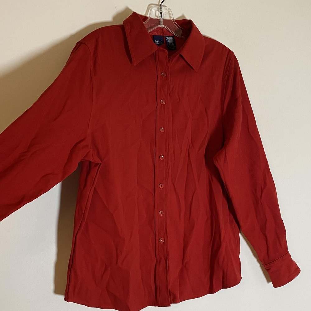Basic Editions Shirt Womens Medium Red Button Front Long Sleeve Stretch Blouse - Picture 4 of 14